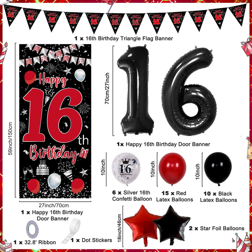 Pounira 16th Birthday Decorations Kit - Red Black Door Banner, Balloons & Triangle Flags