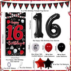 Pounira 16th Birthday Decorations Kit - Red Black Door Banner, Balloons & Triangle Flags