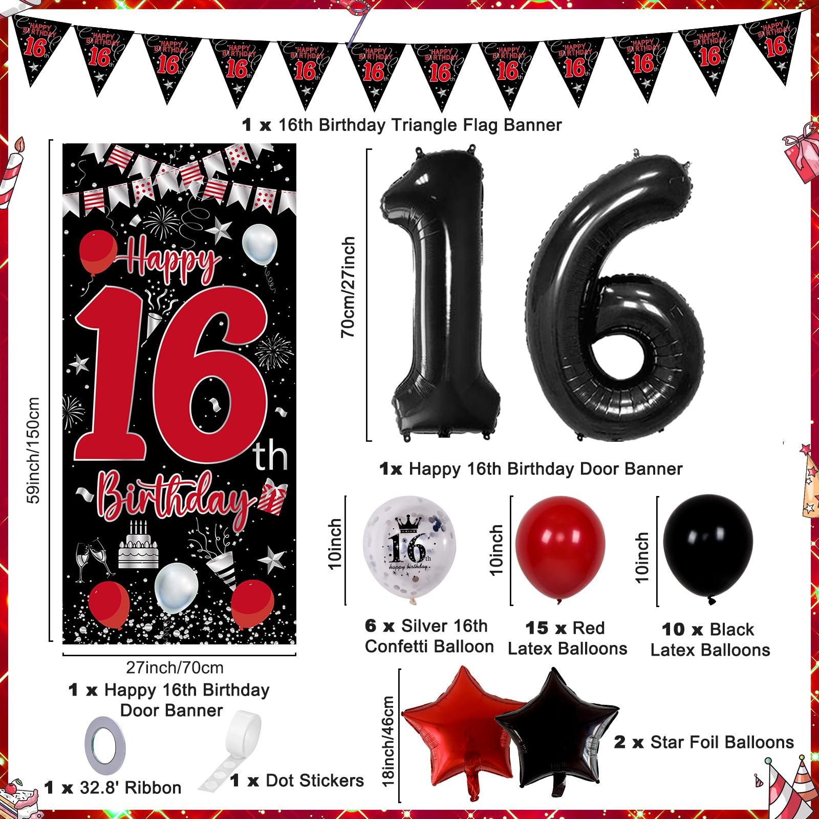 Pounira 16th Birthday Decorations Kit - Red Black Door Banner, Balloons & Triangle Flags
