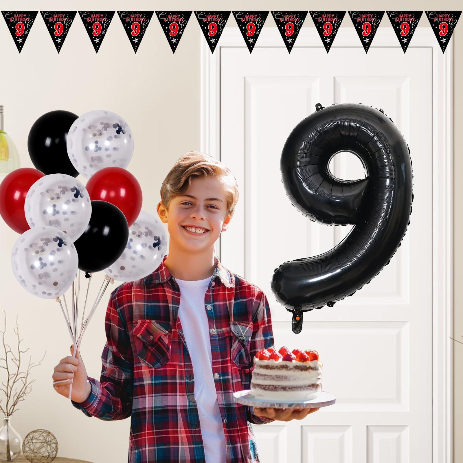 Pounira 9th Birthday Decorations Kit – Red & Black Banner, Balloons, Number 9