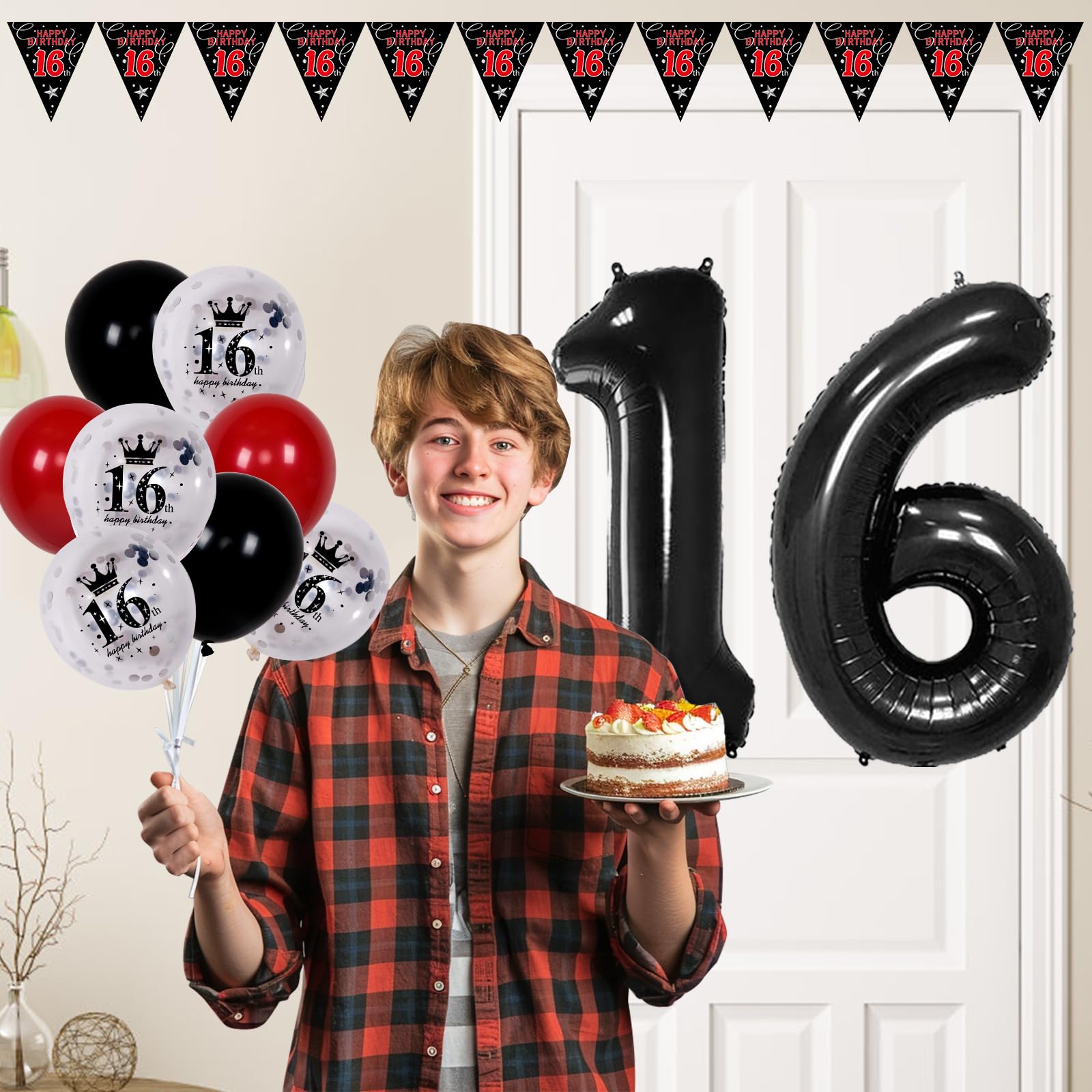 Pounira 16th Birthday Decorations Kit - Red Black Door Banner, Balloons & Triangle Flags