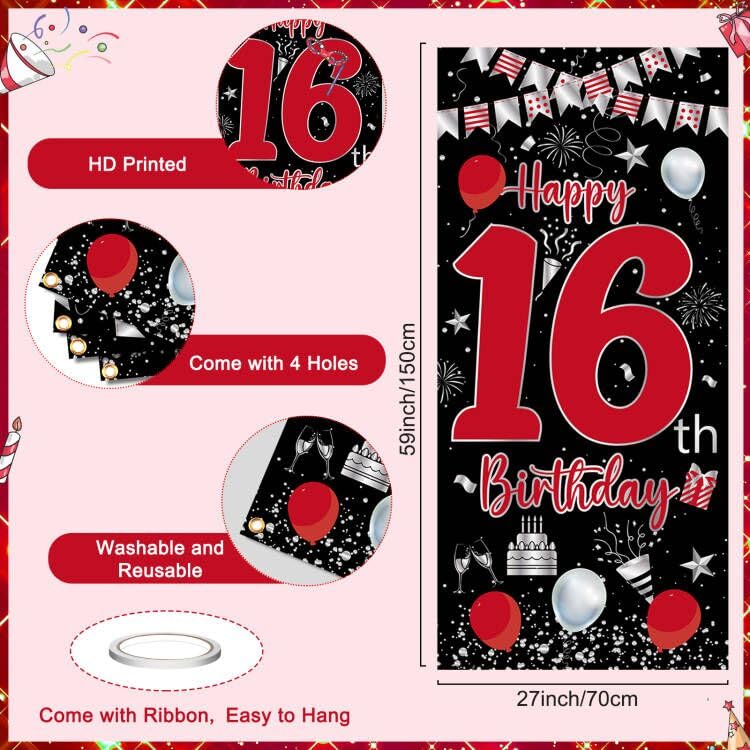 Pounira 16th Birthday Decorations Kit - Red Black Door Banner, Balloons & Triangle Flags