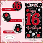 Pounira 16th Birthday Decorations Kit - Red Black Door Banner, Balloons & Triangle Flags