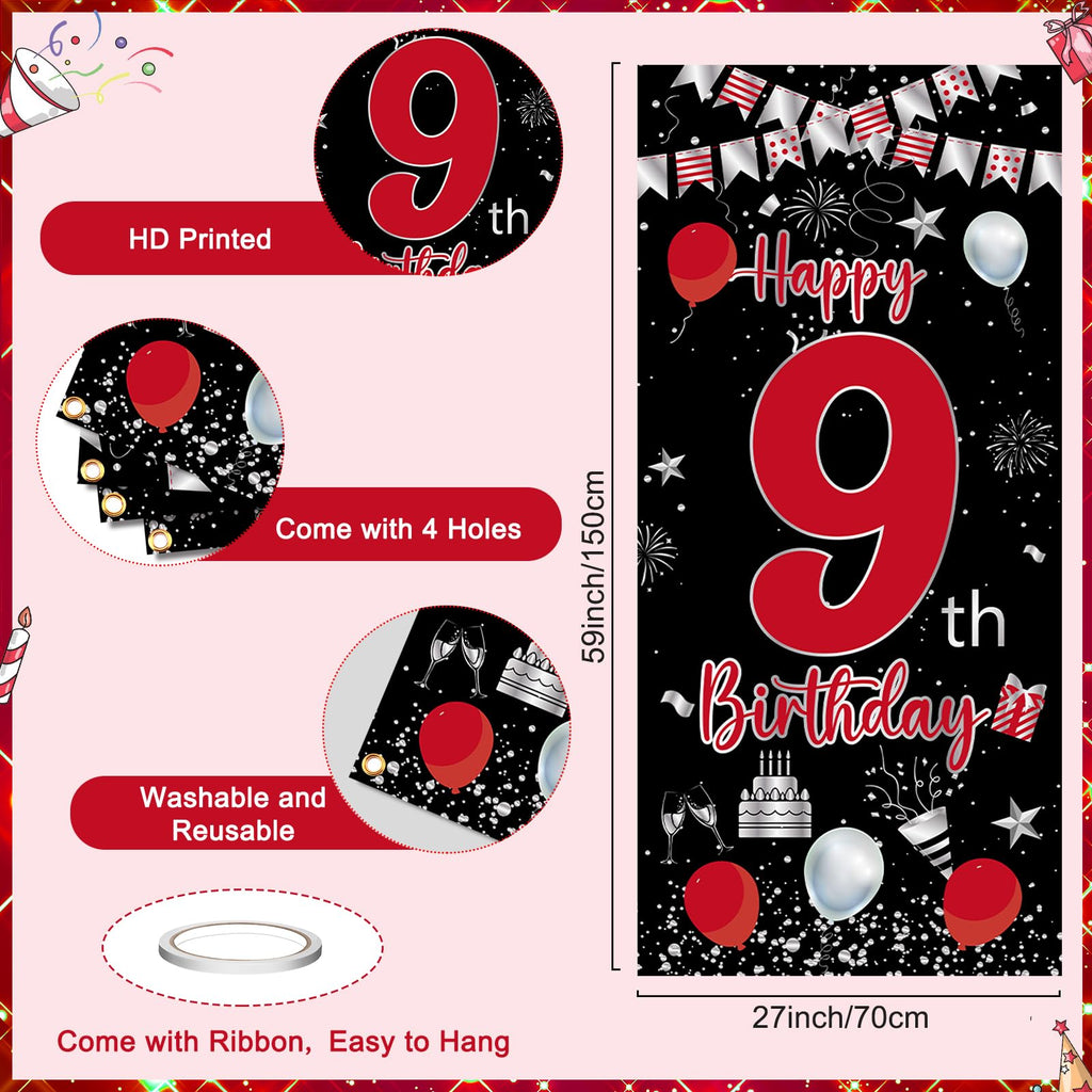 Pounira 9th Birthday Decorations Kit – Red & Black Banner, Balloons, Number 9