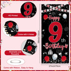 Pounira 9th Birthday Decorations Kit – Red & Black Banner, Balloons, Number 9