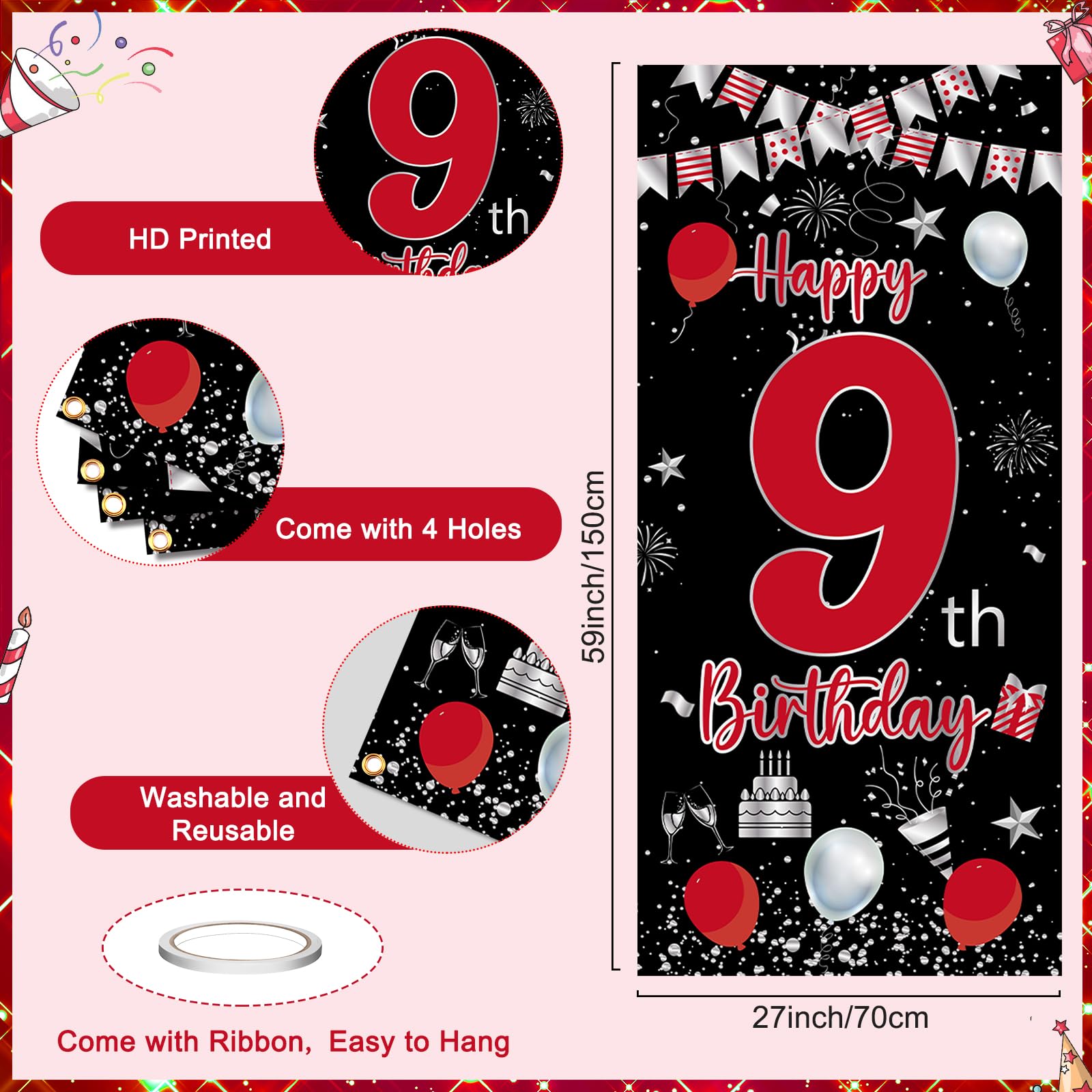 Pounira 9th Birthday Decorations Kit – Red & Black Banner, Balloons, Number 9