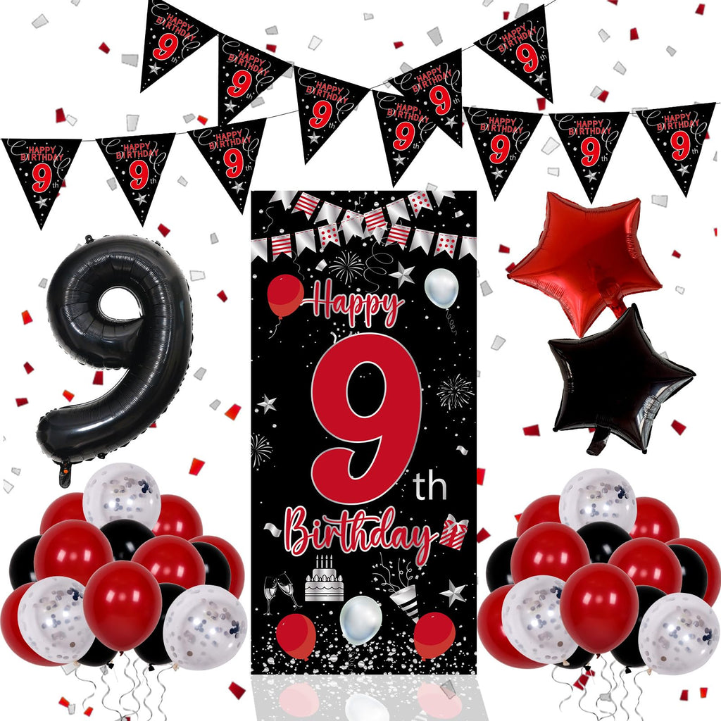 Pounira 9th Birthday Decorations Kit – Red & Black Banner, Balloons, Number 9