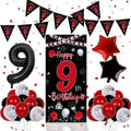 Pounira 9th Birthday Decorations Kit – Red & Black Banner, Balloons, Number 9