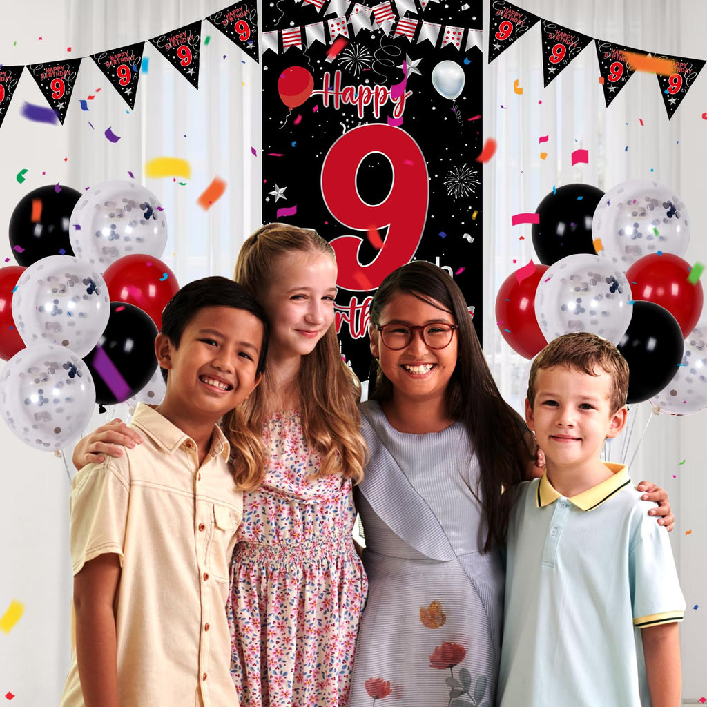Pounira 9th Birthday Decorations Kit – Red & Black Banner, Balloons, Number 9