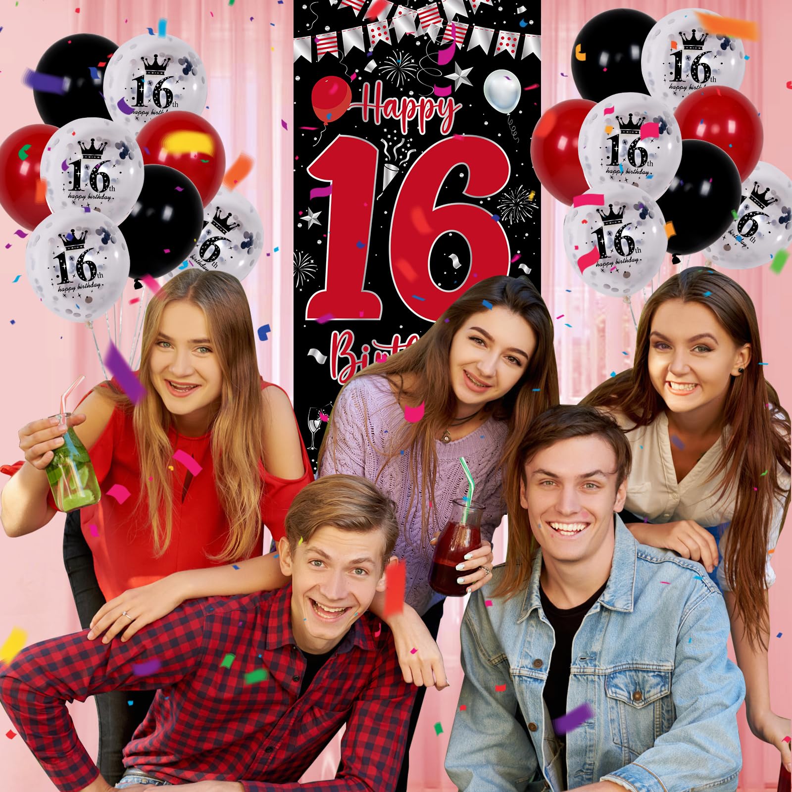 Pounira 16th Birthday Decorations Kit - Red Black Door Banner, Balloons & Triangle Flags