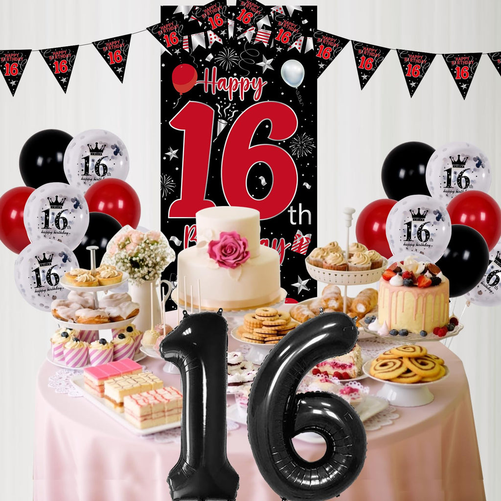 Pounira 16th Birthday Decorations Kit - Red Black Door Banner, Balloons & Triangle Flags