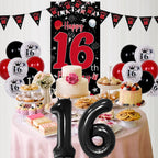 Pounira 16th Birthday Decorations Kit - Red Black Door Banner, Balloons & Triangle Flags