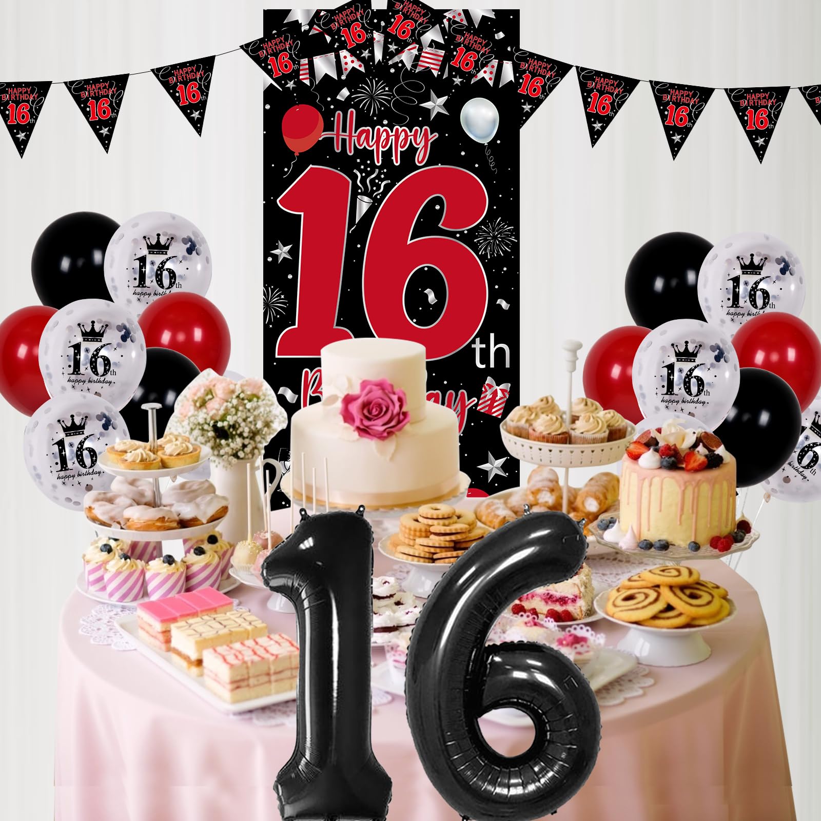 Pounira 16th Birthday Decorations Kit - Red Black Door Banner, Balloons & Triangle Flags