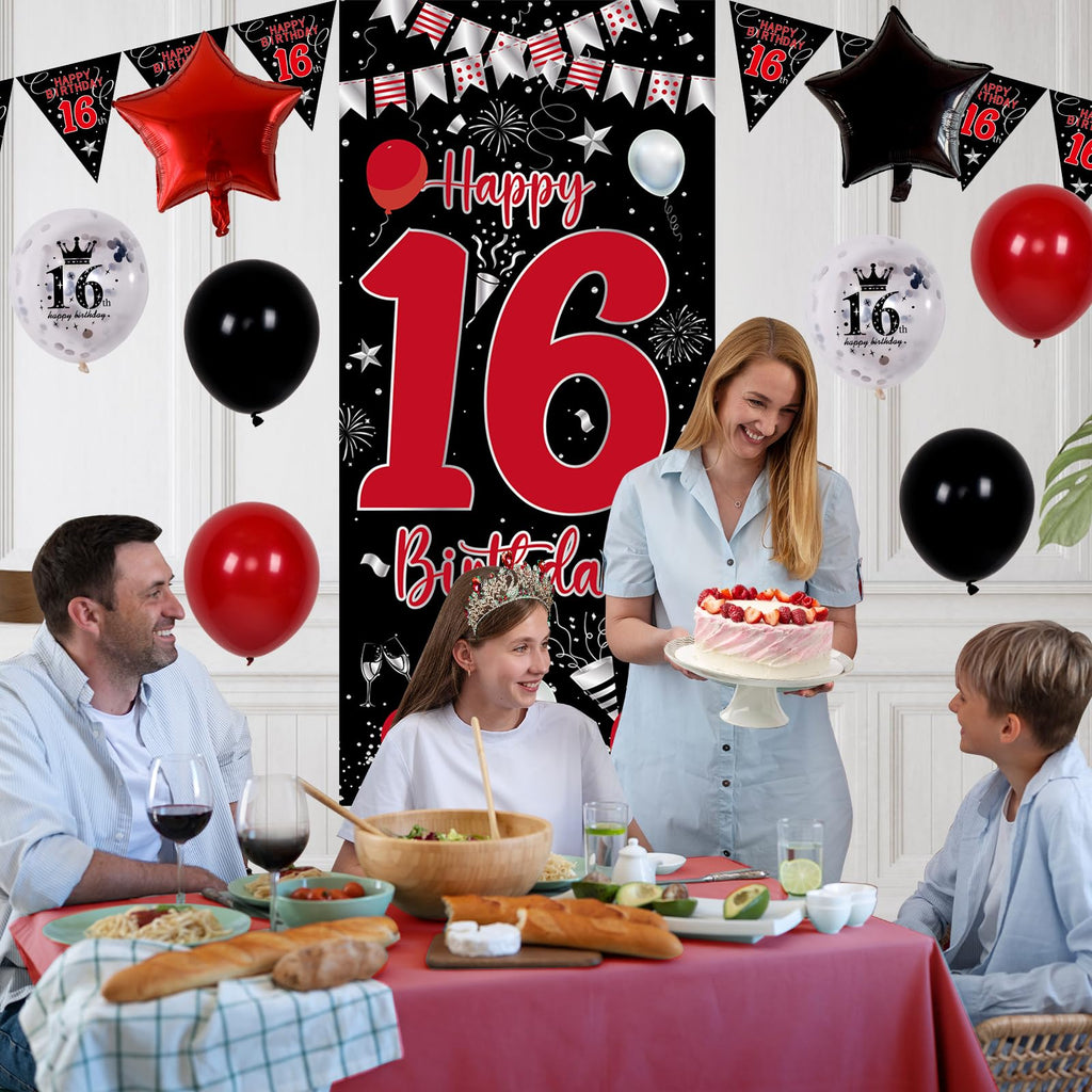 Pounira 16th Birthday Decorations Kit - Red Black Door Banner, Balloons & Triangle Flags