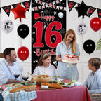Pounira 16th Birthday Decorations Kit - Red Black Door Banner, Balloons & Triangle Flags