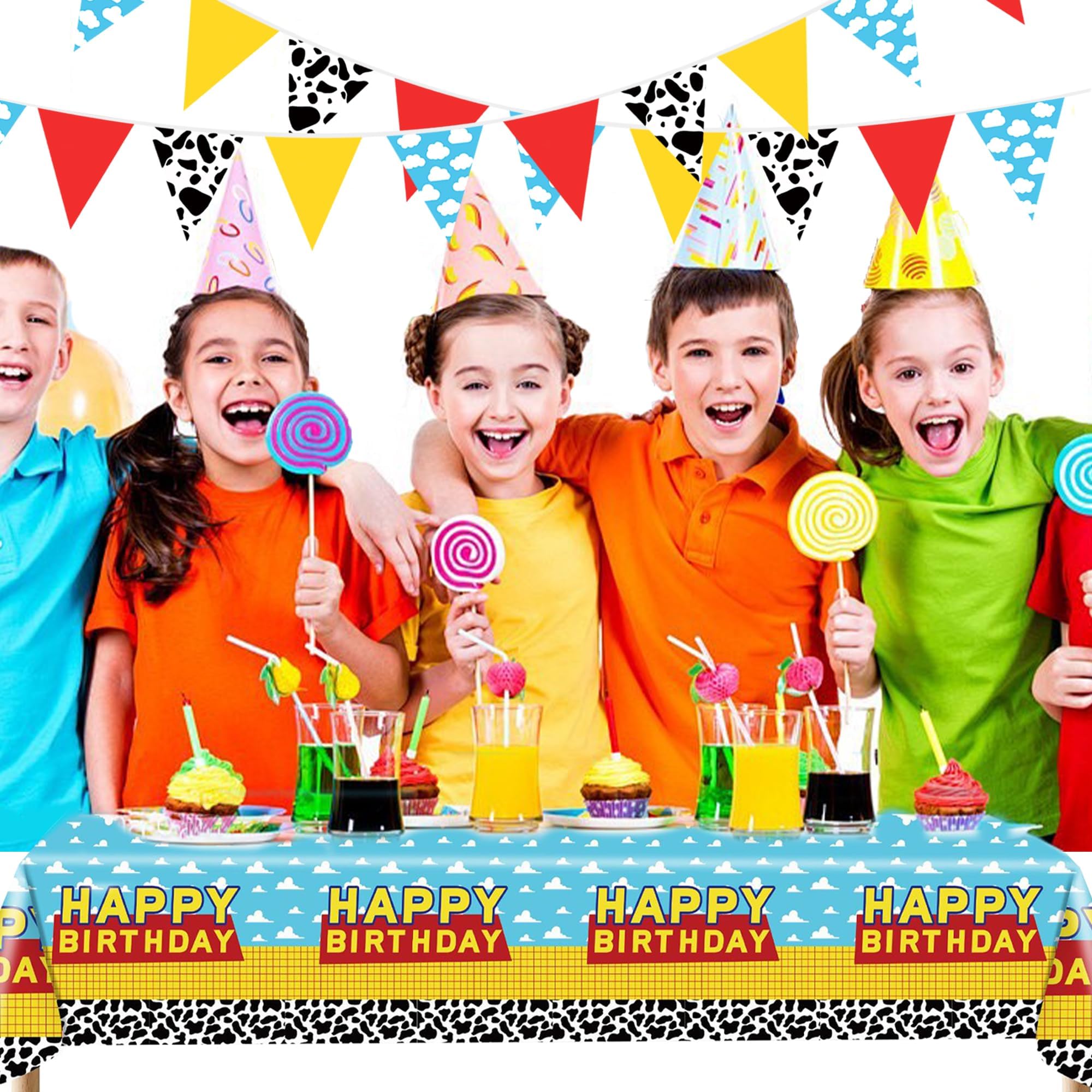 PPXMEEUDC Cartoon Story Party Decorations — Blue Sky Tablecloth, Cloud Print Banner & Flags for Birthday & Baby Shower