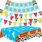 PPXMEEUDC Cartoon Story Party Decorations — Blue Sky Tablecloth, Cloud Print Banner & Flags for Birthday & Baby Shower