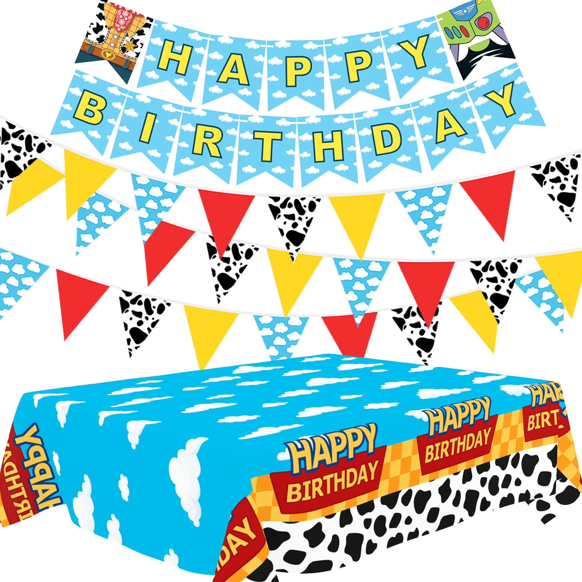 PPXMEEUDC Cartoon Story Party Decorations — Blue Sky Tablecloth, Cloud Print Banner & Flags for Birthday & Baby Shower