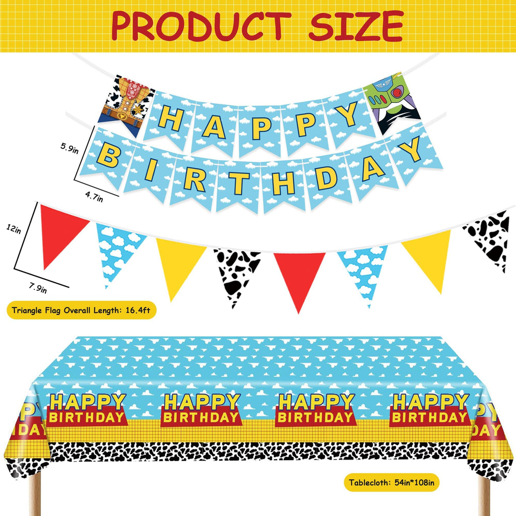 PPXMEEUDC Cartoon Story Party Decorations — Blue Sky Tablecloth, Cloud Print Banner & Flags for Birthday & Baby Shower