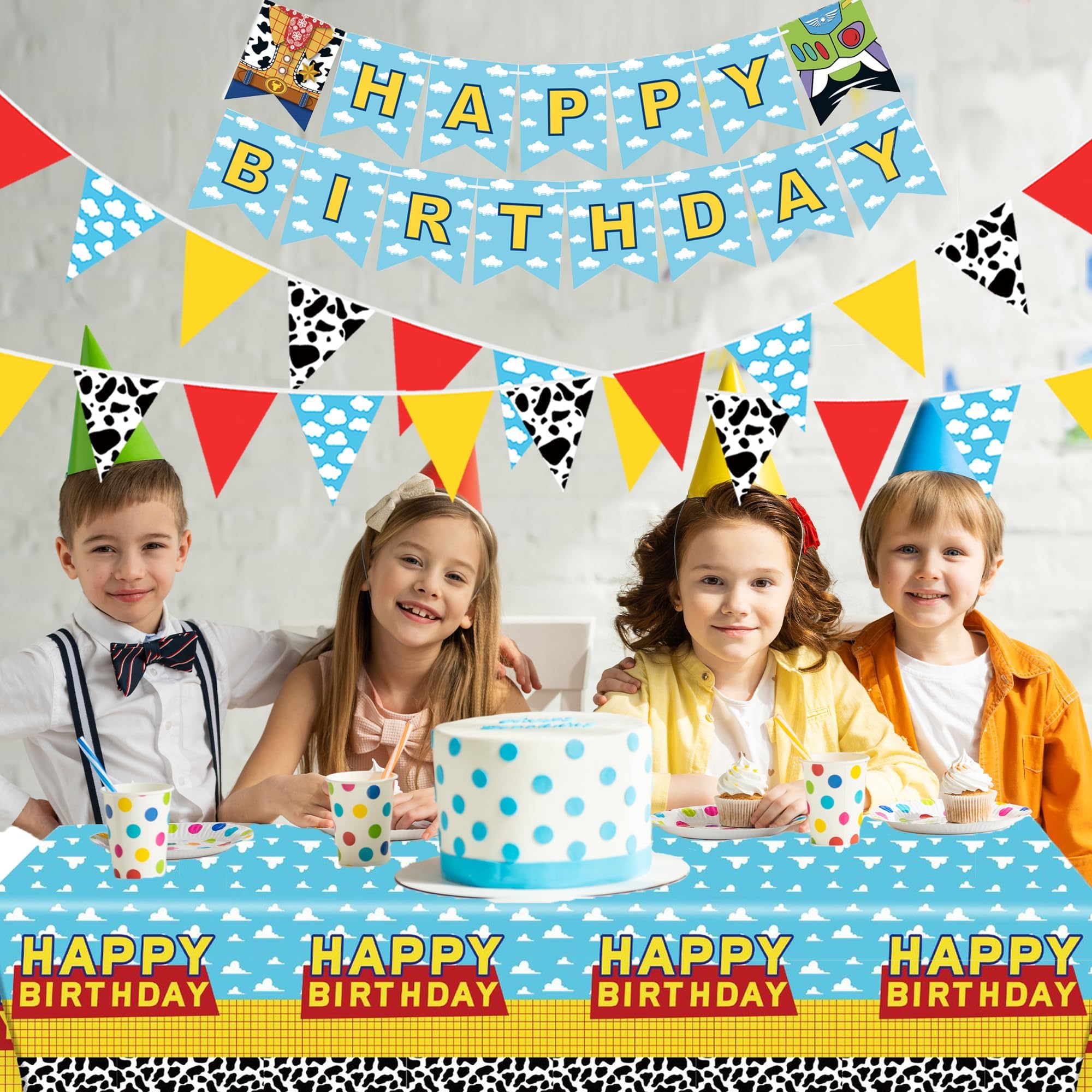 PPXMEEUDC Cartoon Story Party Decorations — Blue Sky Tablecloth, Cloud Print Banner & Flags for Birthday & Baby Shower