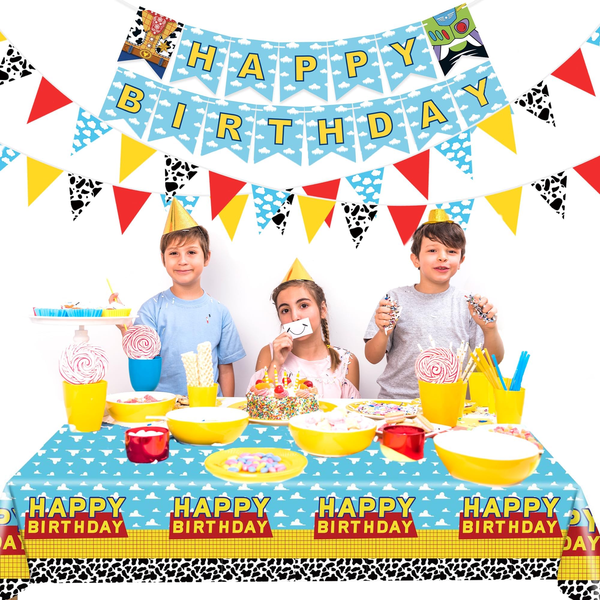 PPXMEEUDC Cartoon Story Party Decorations — Blue Sky Tablecloth, Cloud Print Banner & Flags for Birthday & Baby Shower