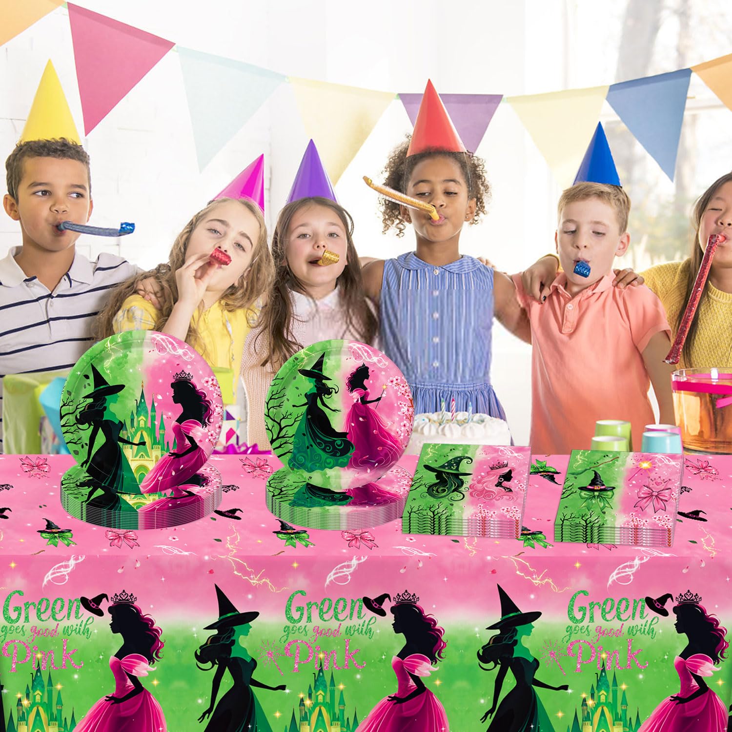 Practice Star 41-Piece Pink & Green Witch Party Decorations – Plates, Napkins & Tablecloth