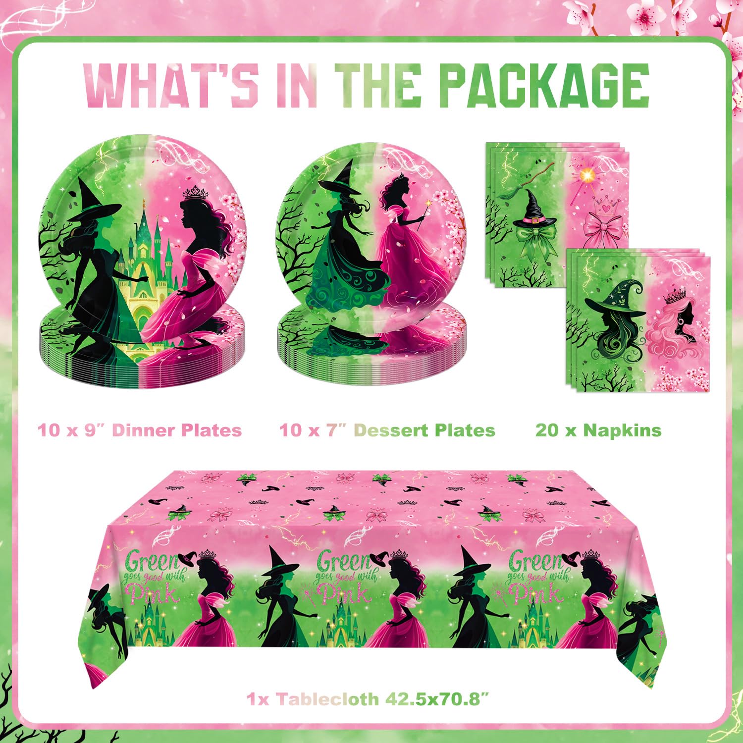 Practice Star 41-Piece Pink & Green Witch Party Decorations – Plates, Napkins & Tablecloth