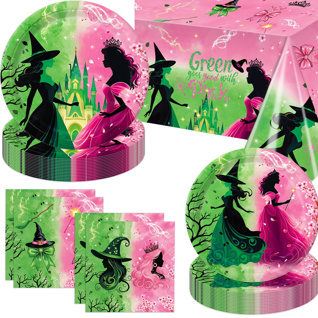 Practice Star 41-Piece Pink & Green Witch Party Decorations – Plates, Napkins & Tablecloth