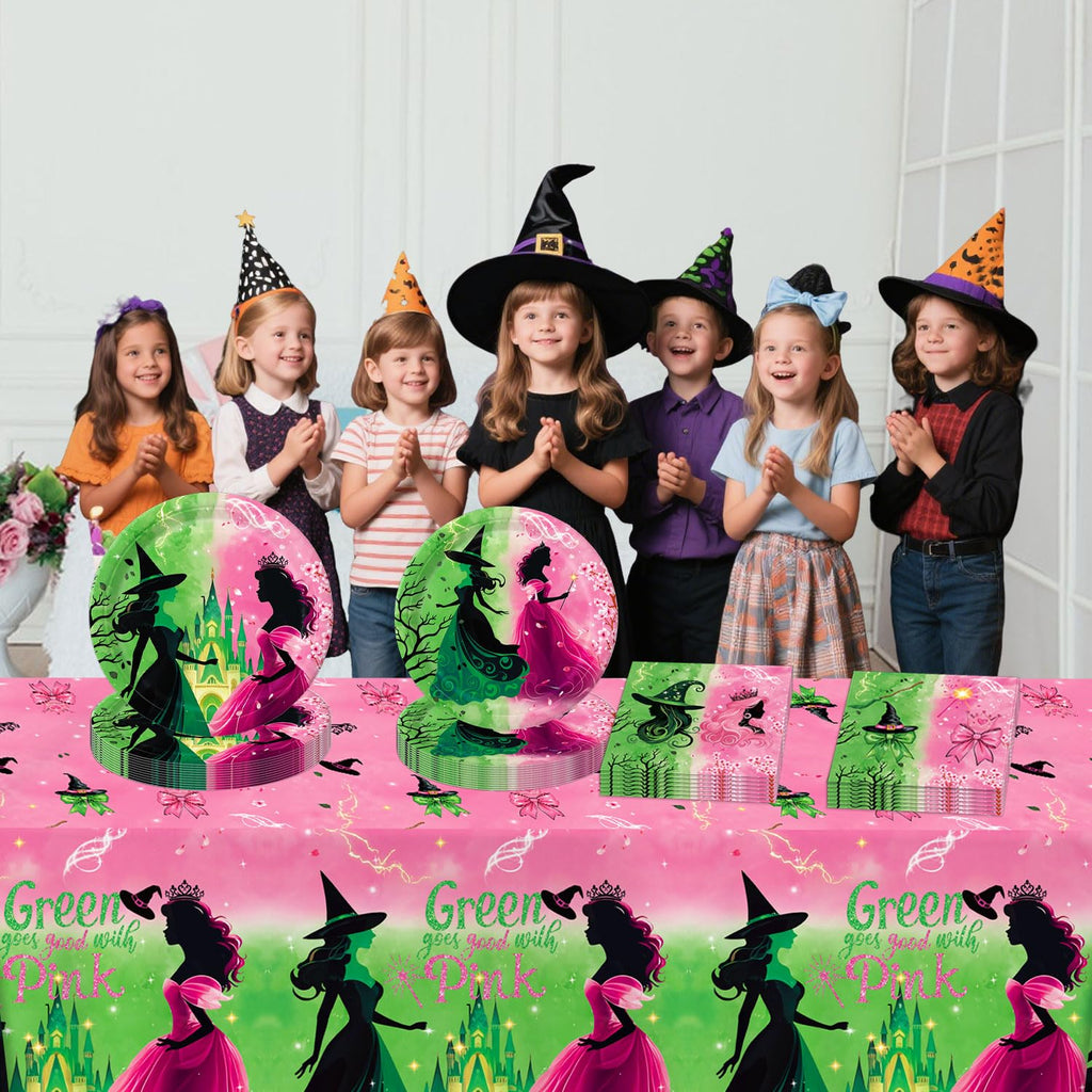 Practice Star 41-Piece Pink & Green Witch Party Decorations – Plates, Napkins & Tablecloth