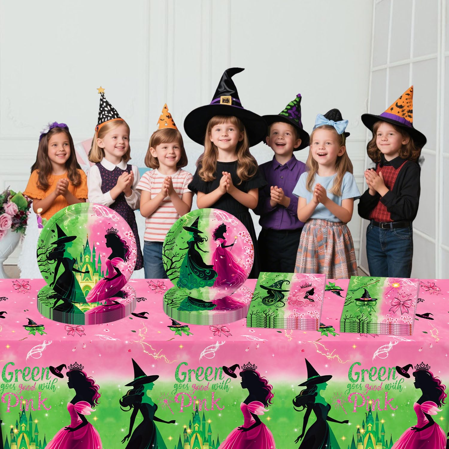 Practice Star 41-Piece Pink & Green Witch Party Decorations – Plates, Napkins & Tablecloth