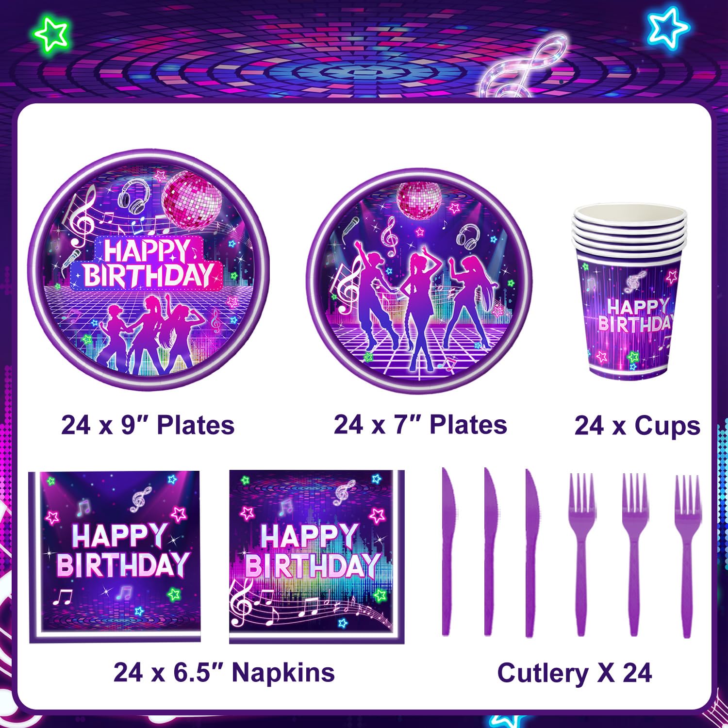 Practice Star 144 PCS Pop Music Party Decorations – Plates Napkins Cups Cutlery for 24