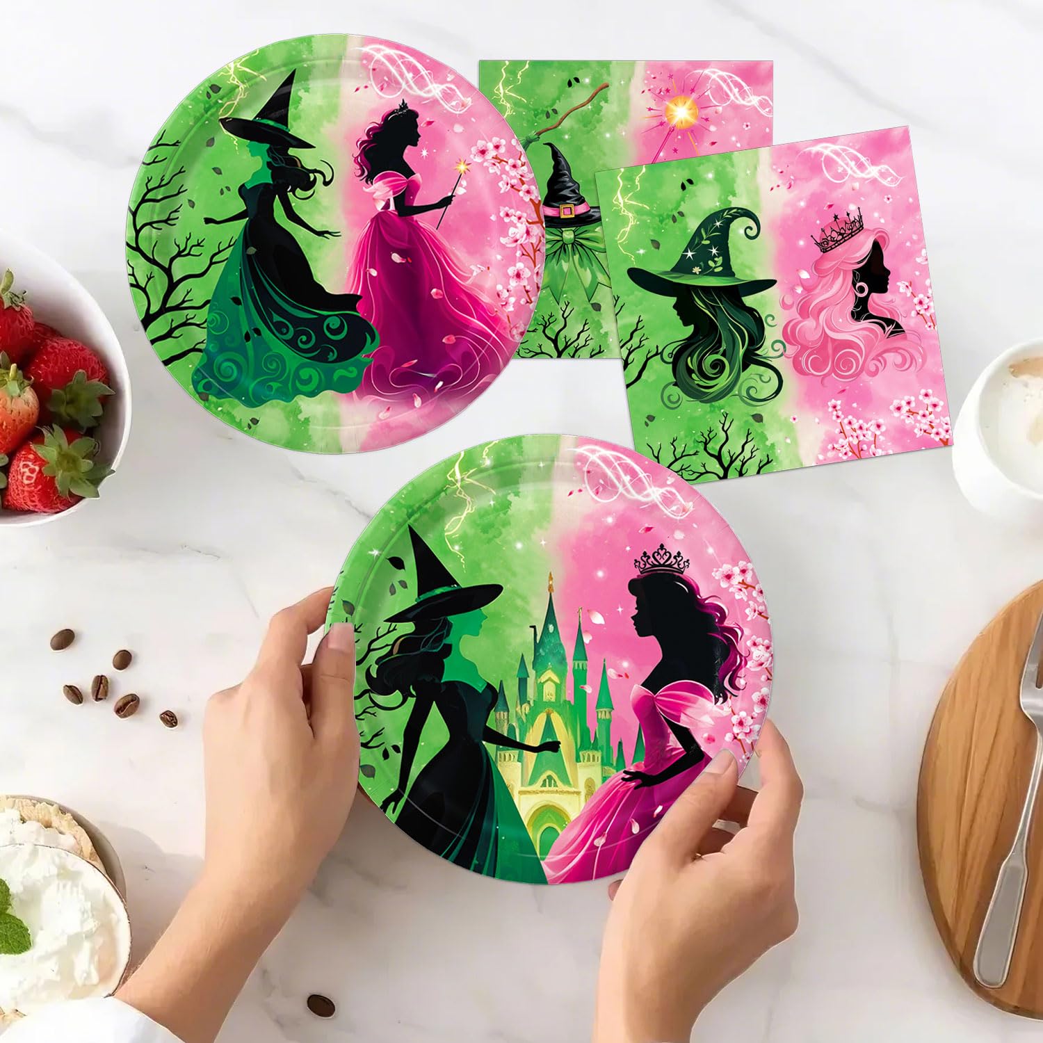 Practice Star 41-Piece Pink & Green Witch Party Decorations – Plates, Napkins & Tablecloth