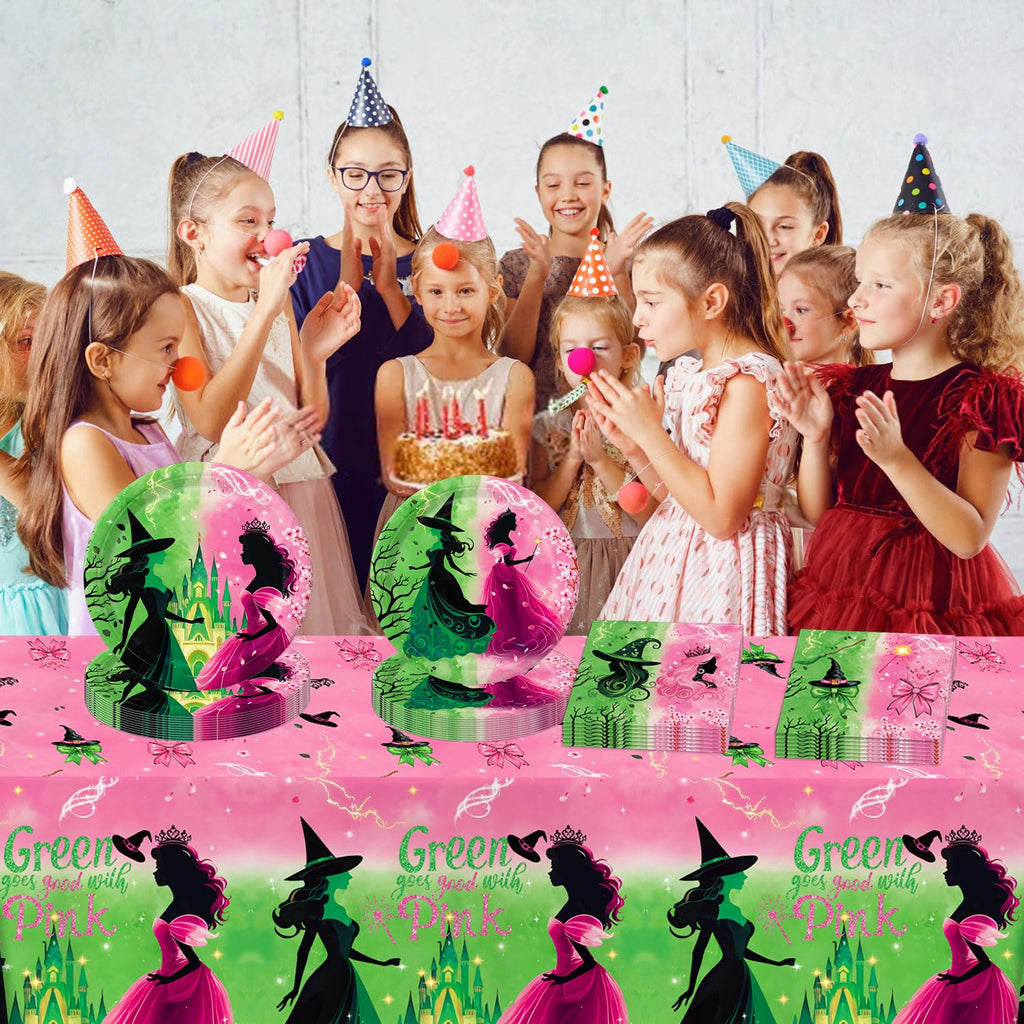 Practice Star 41-Piece Pink & Green Witch Party Decorations – Plates, Napkins & Tablecloth