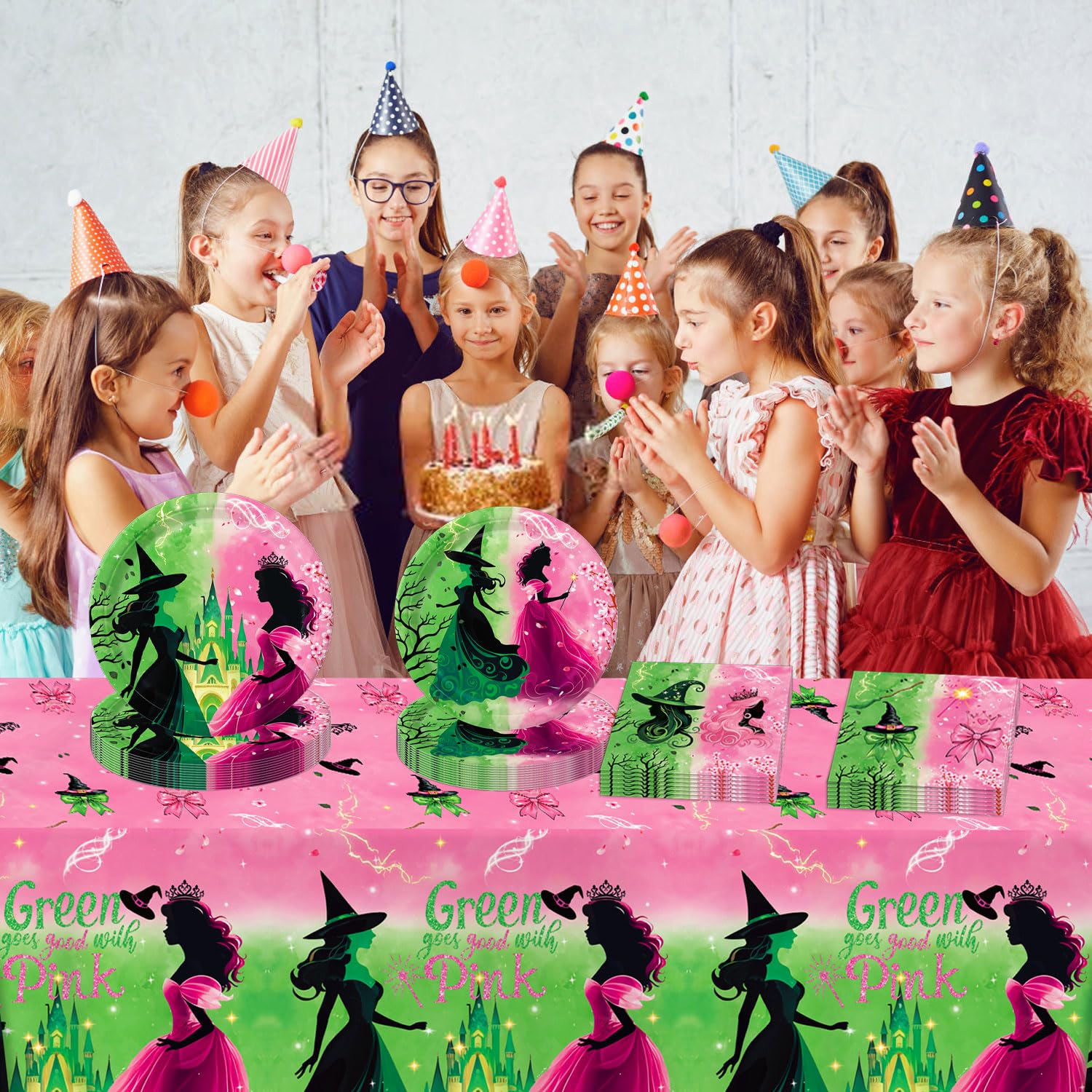 Practice Star 41-Piece Pink & Green Witch Party Decorations – Plates, Napkins & Tablecloth