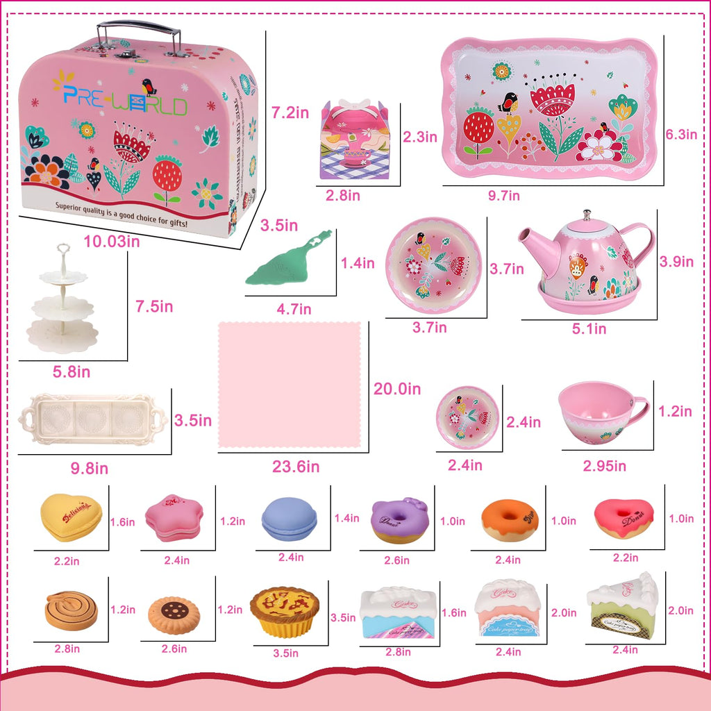PRE-WORLD Tea Party Set for Little Girls – Princess Tea Time Toy with Desserts, Teapot, Tablecloth & Carrying Case (Ages 3–6)