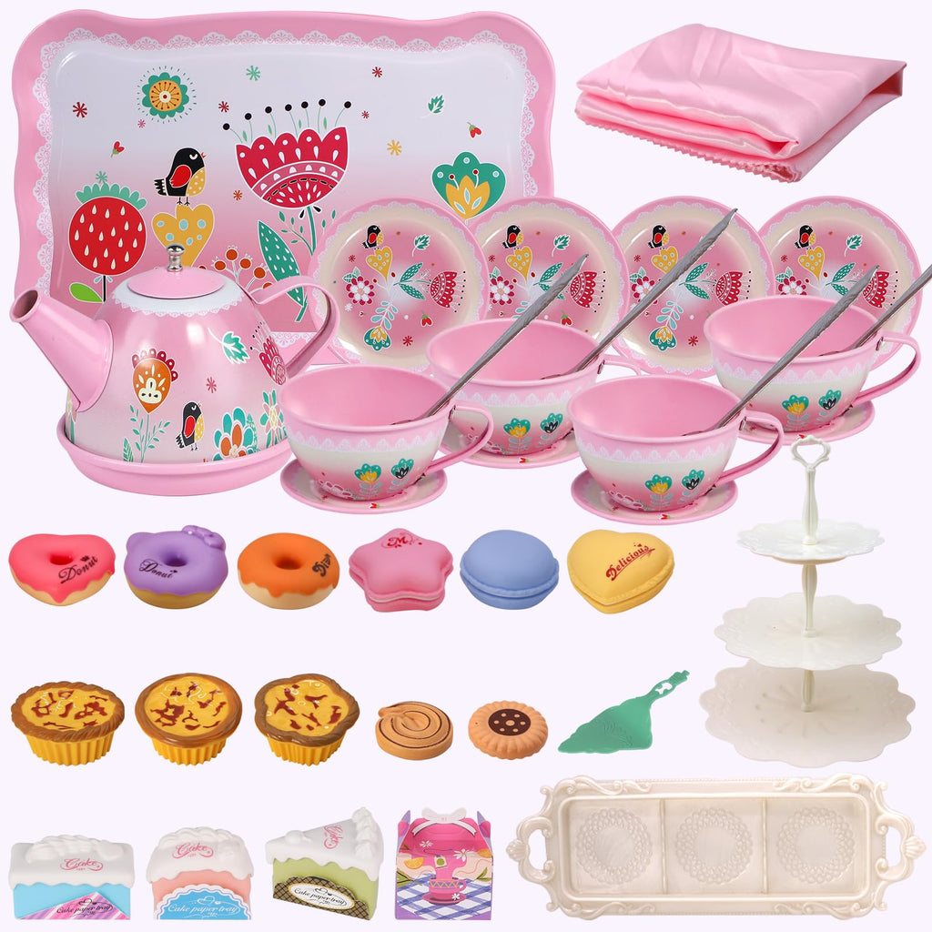 PRE-WORLD Tea Party Set for Little Girls – Princess Tea Time Toy with Desserts, Teapot, Tablecloth & Carrying Case (Ages 3–6)