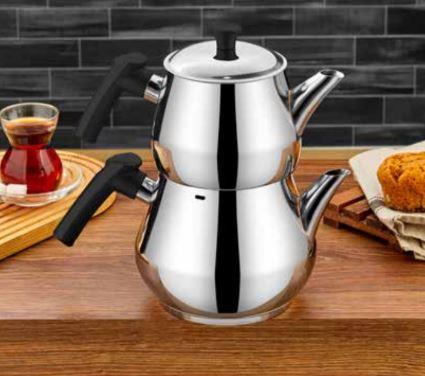 Premium Stainless Steel Mega Size Turkish Teapot Set with Black Handles