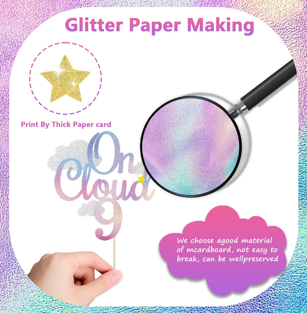 Pretyps 13Pcs Glitter Cloud 9 Cake Toppers – Star Moon Cupcake Decoration Set