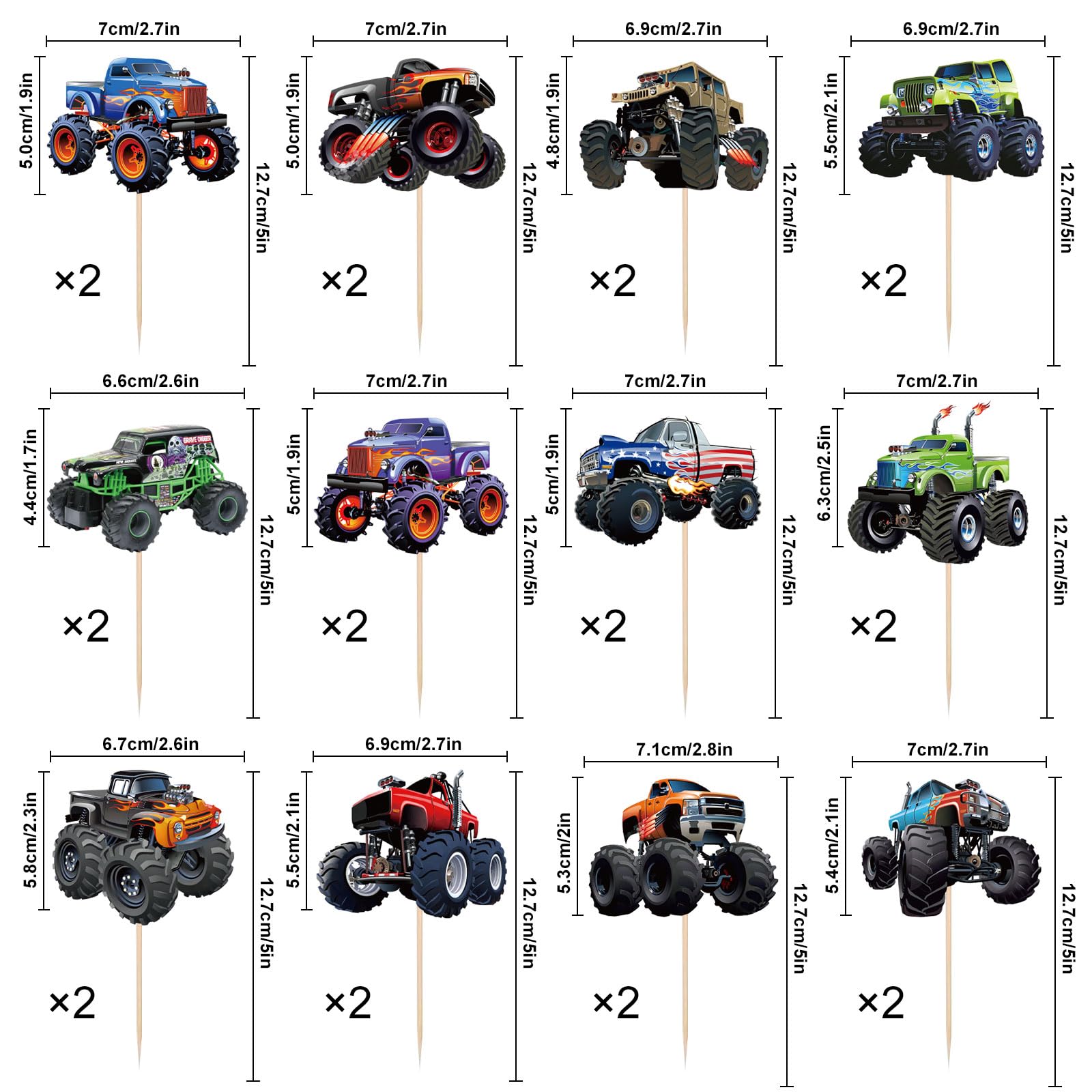 Pretyps 24 PCS Monster Truck Cupcake Toppers – Birthday Party Decor for Boys & Girls