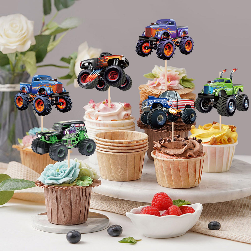 Pretyps 24 PCS Monster Truck Cupcake Toppers – Birthday Party Decor for Boys & Girls