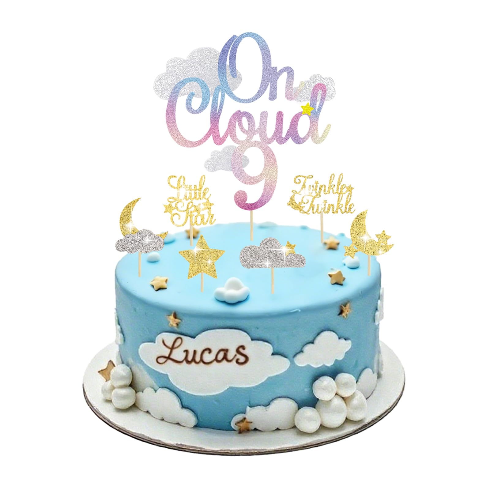 Pretyps 13Pcs Glitter Cloud 9 Cake Toppers – Star Moon Cupcake Decoration Set