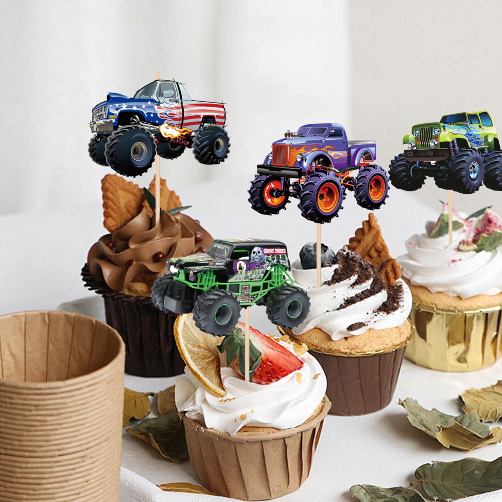 Pretyps 24 PCS Monster Truck Cupcake Toppers – Birthday Party Decor for Boys & Girls