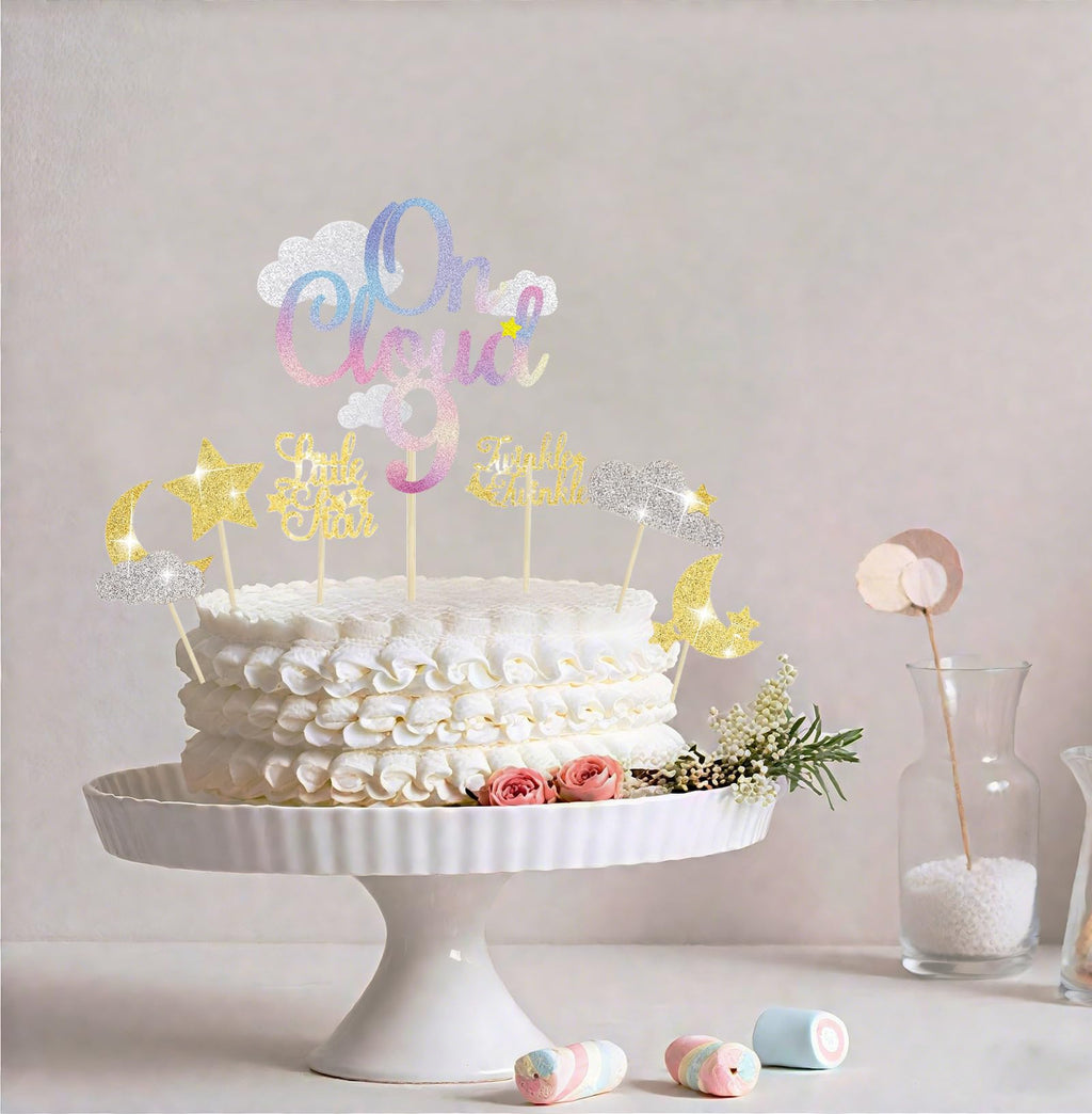 Pretyps 13Pcs Glitter Cloud 9 Cake Toppers – Star Moon Cupcake Decoration Set