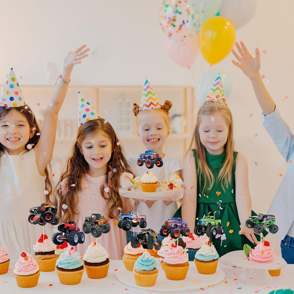 Pretyps 24 PCS Monster Truck Cupcake Toppers – Birthday Party Decor for Boys & Girls