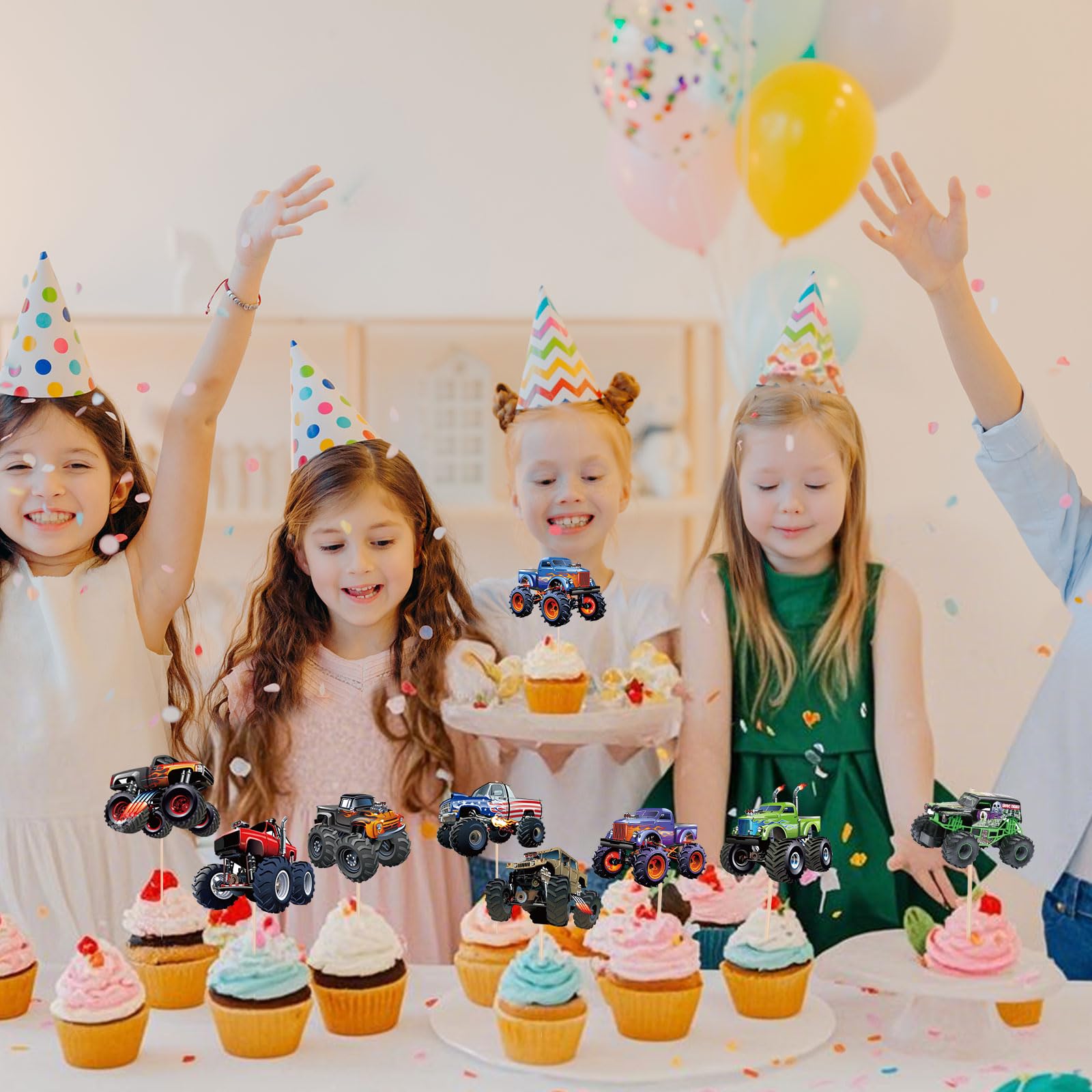 Pretyps 24 PCS Monster Truck Cupcake Toppers – Birthday Party Decor for Boys & Girls