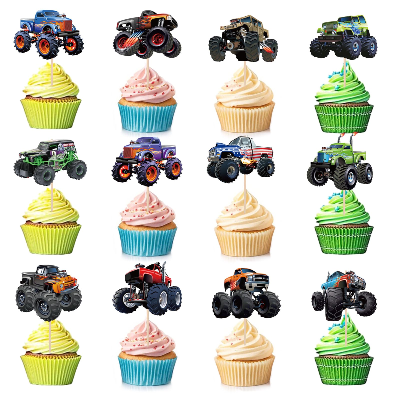 Pretyps 24 PCS Monster Truck Cupcake Toppers – Birthday Party Decor for Boys & Girls