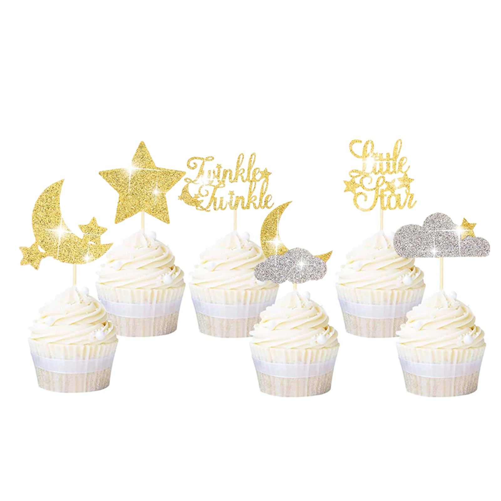 Pretyps 13Pcs Glitter Cloud 9 Cake Toppers – Star Moon Cupcake Decoration Set