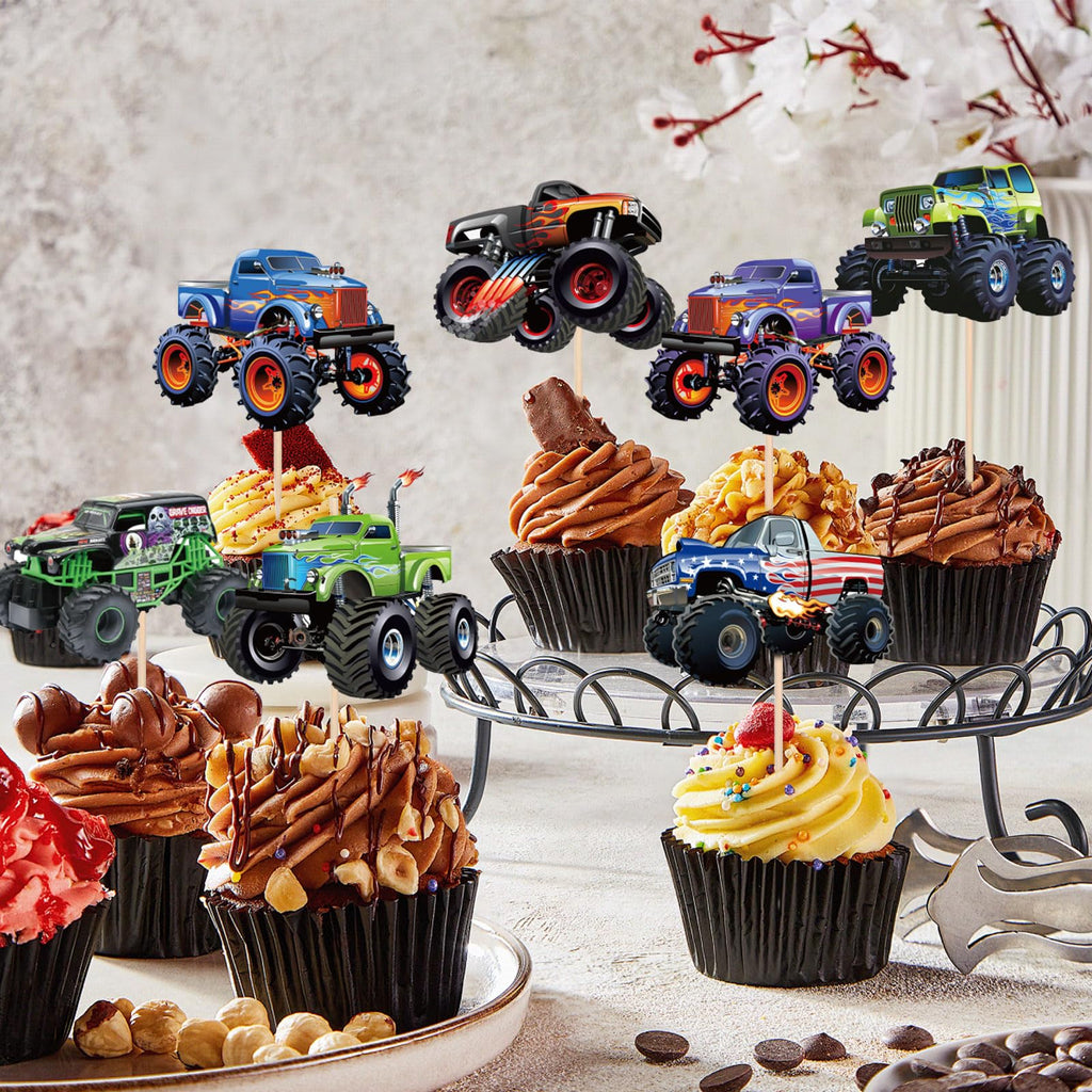 Pretyps 24 PCS Monster Truck Cupcake Toppers – Birthday Party Decor for Boys & Girls