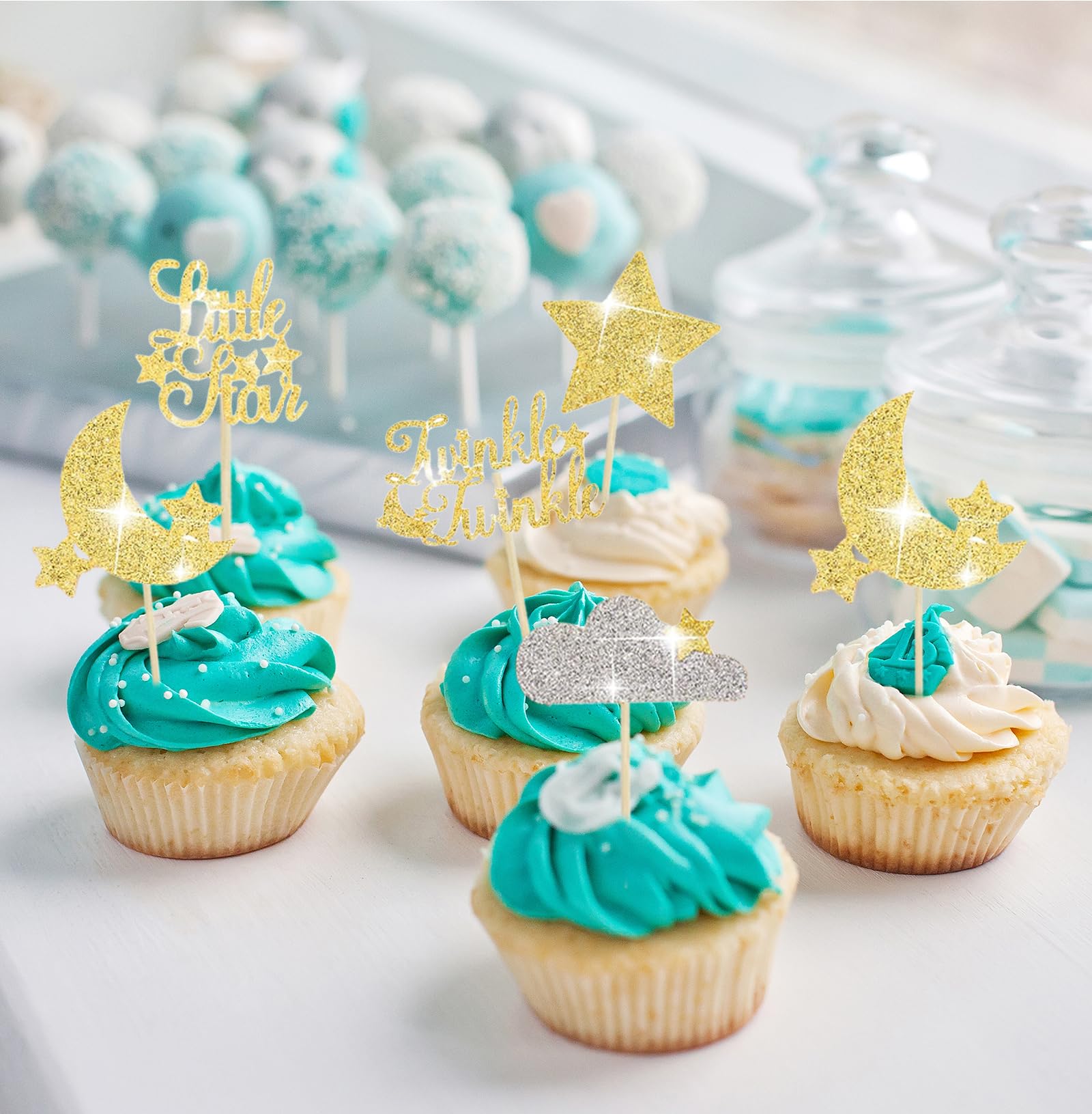 Pretyps 13Pcs Glitter Cloud 9 Cake Toppers – Star Moon Cupcake Decoration Set