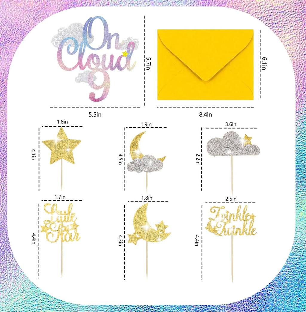 Pretyps 13Pcs Glitter Cloud 9 Cake Toppers – Star Moon Cupcake Decoration Set